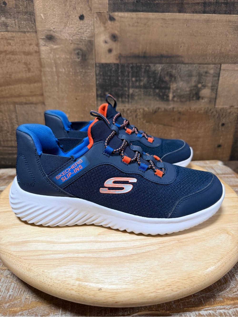 Skechers Bounder Brisk-Burst Boys Size 4 Slip-ins Navy Blue Orange 403822L